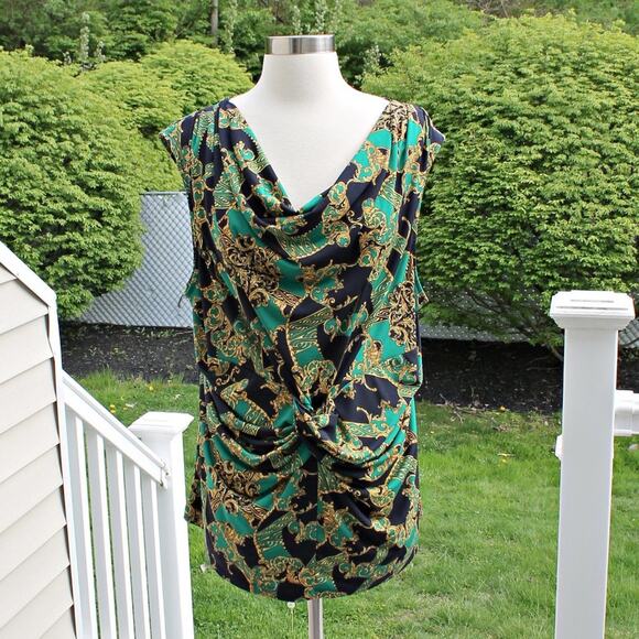 Ellen Tracy Women's Tank Top Cowl Neck Rococo Scroll Twist Front - Picture 3 of 14